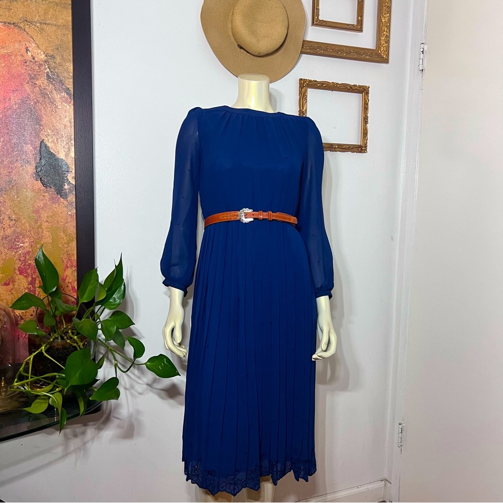 Vintage Ralph Baker Dress Navy Blue Pleated Skirt Chiffon Midi Dres Midi Size 6